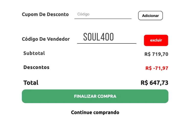 Código de Vendedor Soulier: SOUL400 para 5% OFF + Frete grátis em compras acima de 250,00 reais. Use o código na etapa de pagamento, no campo código de vendedor.