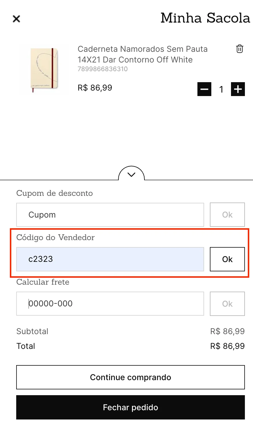 Como aplicar código de vendedor Cícero Papelaria