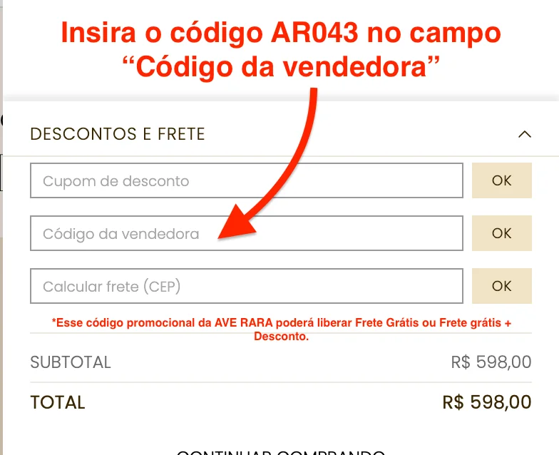 cupom de desconto e código da vendedora ave rara