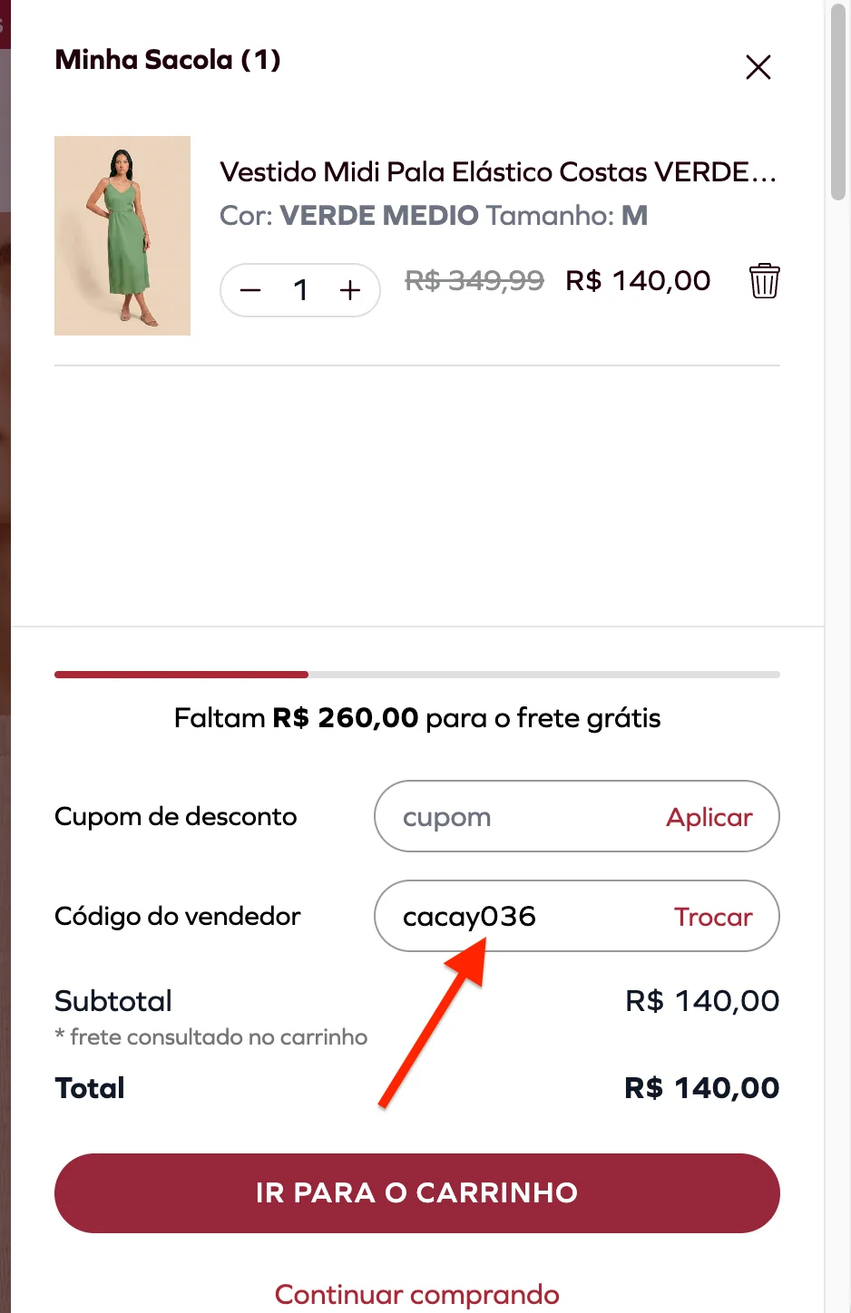 onde aplicar o código de vendedor Cacay