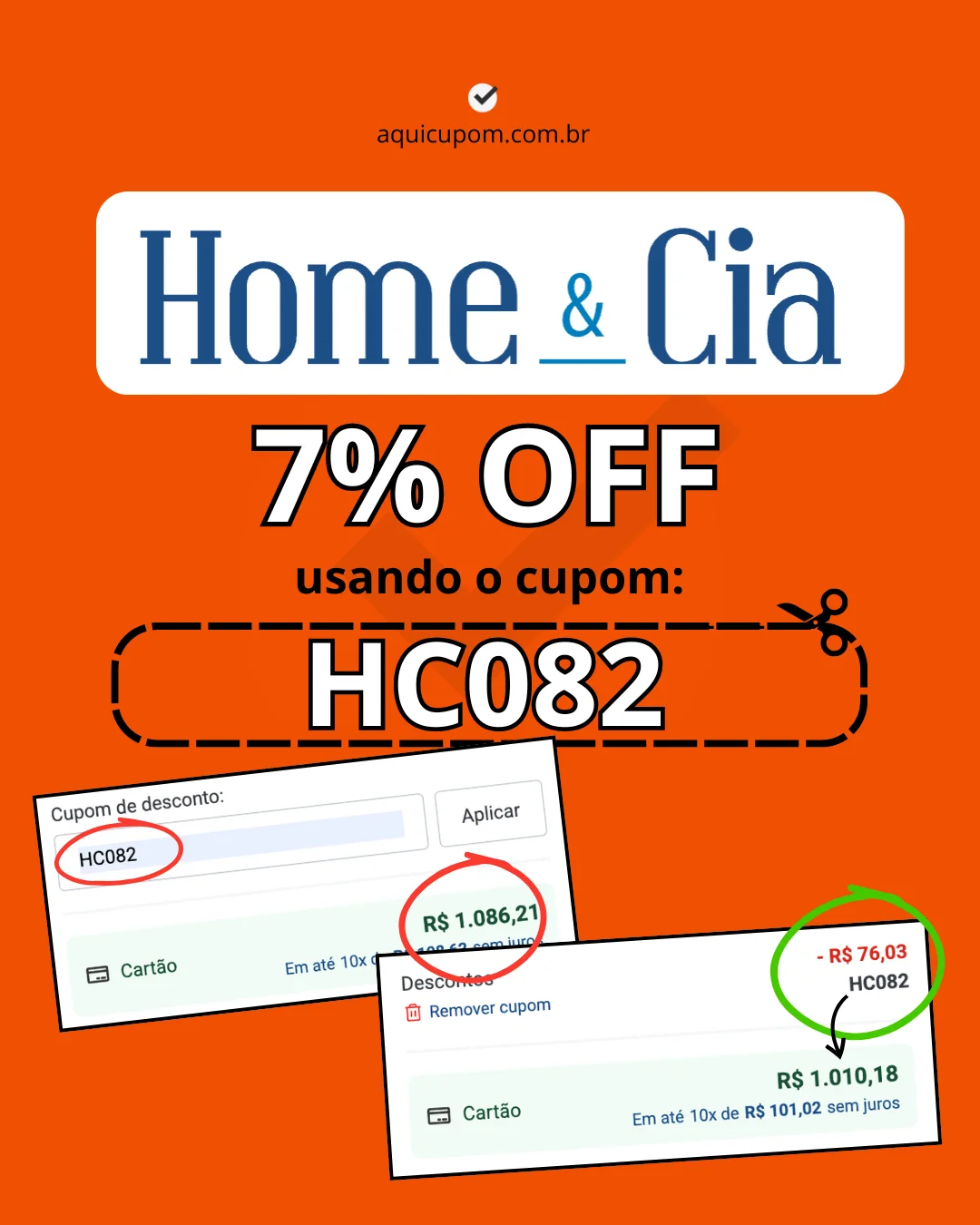 Cupom de desconto da Home e Cia, código: HC082 para ganhar 7% de desconto. Válido no site oficial da Home&Cia