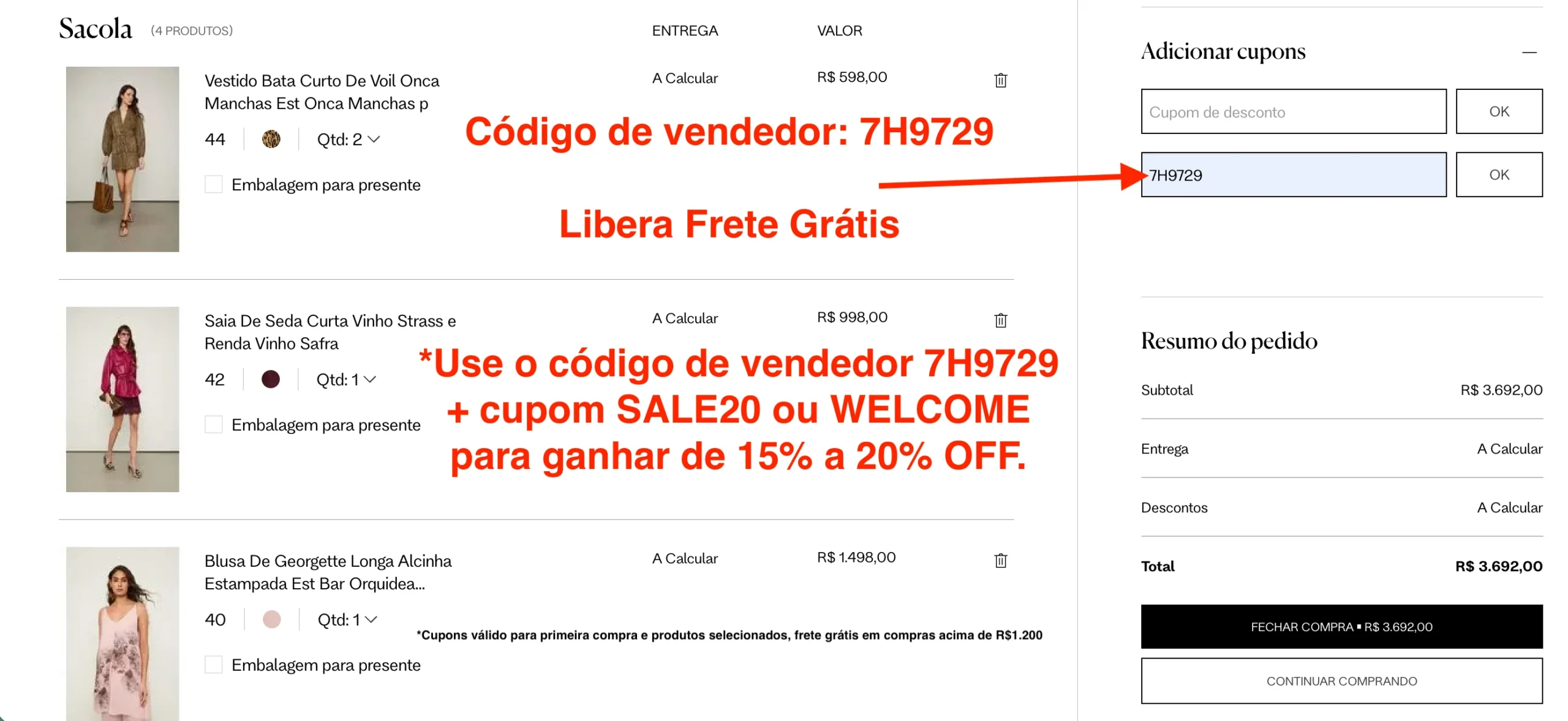 Código vendedor Animale 7H9729 para frete grátis - código animele ativo e atualizado