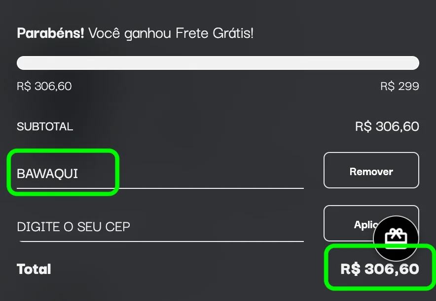 Cupom Baw aplicado no site e liberando desconto na compra