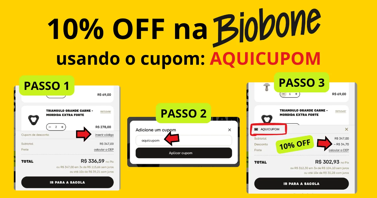 Cupom Biobone 10% off, código AQUICUPOM, passo a passo de como aplicar