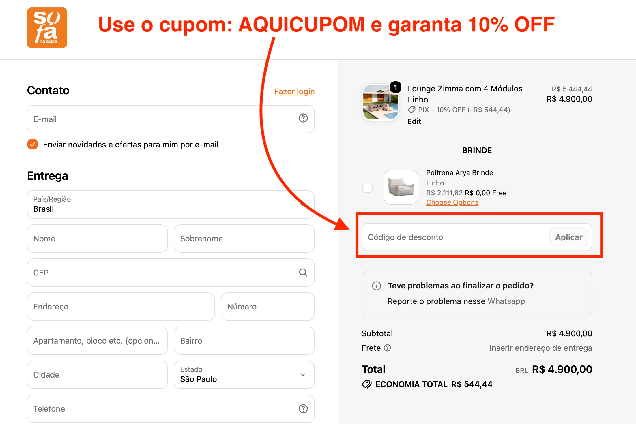 Cupom sofa na caixa: AQUICUPOM deve ser aplicado na etapa de pagamento (checkout)