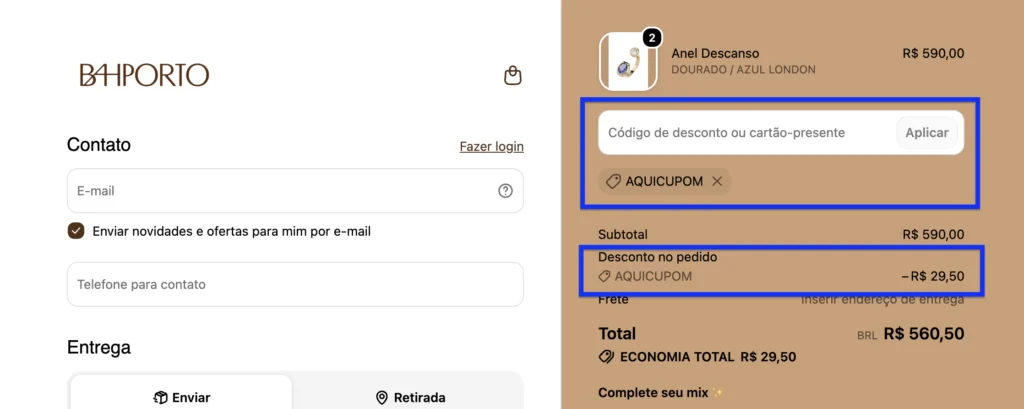 Cupom de desconto Bahporto, código AQUICUPOM para 5% OFF